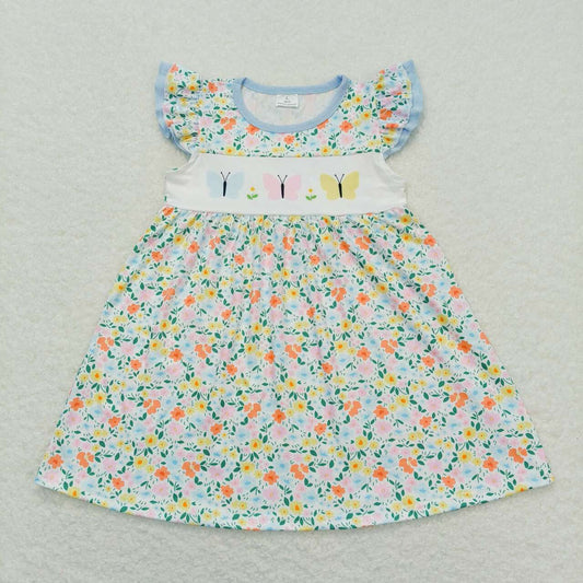 GSD0916 Butterfly Flowers Print Girls Summer Knee Length Dress