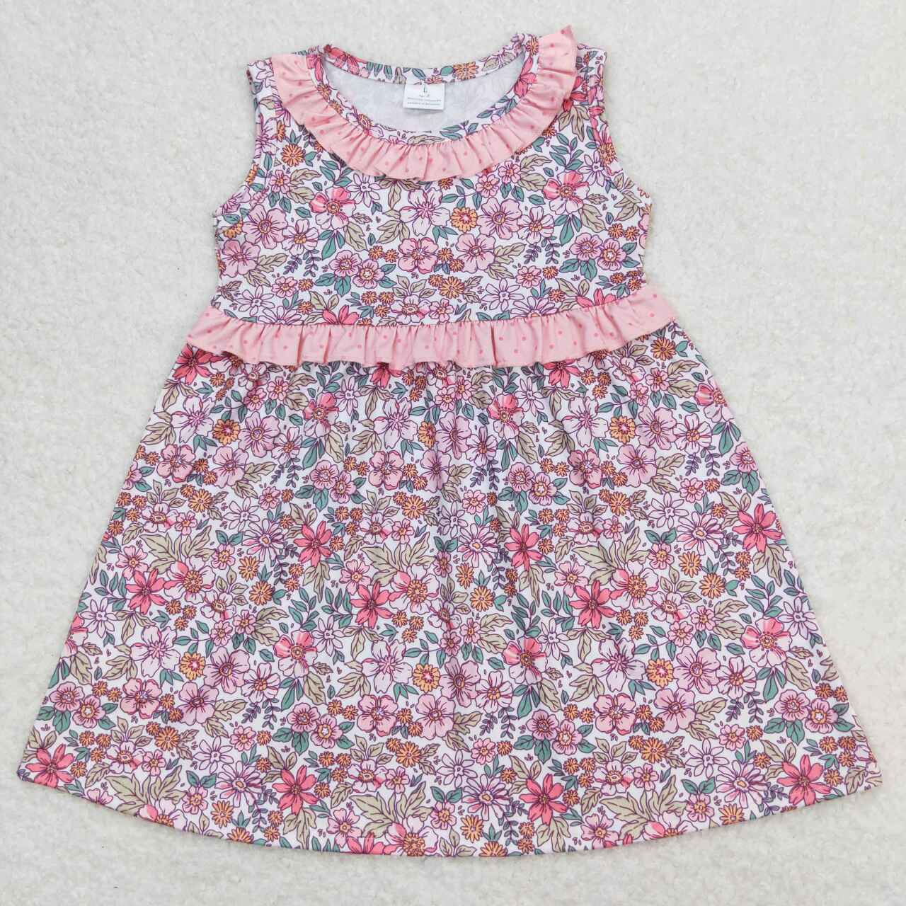 GSD0935 Pink Flowers Print Girls Knee Length Summer Dress