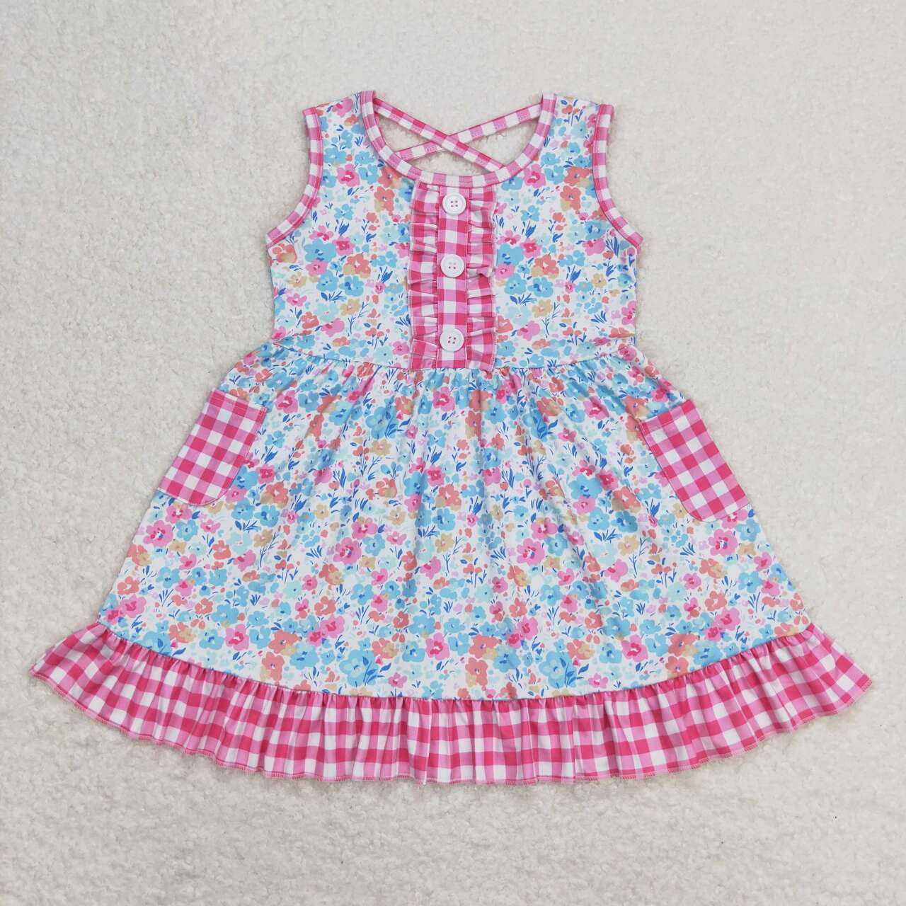 GSD0950  Pink Flowers Print Girls Summer Knee Length Dress