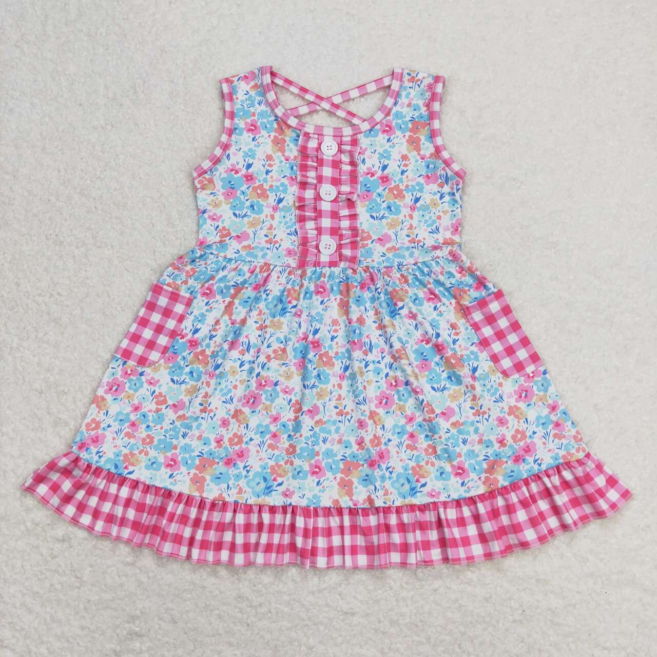 Pink Flowers Plaid Print Sisters Summer Matching Clothes