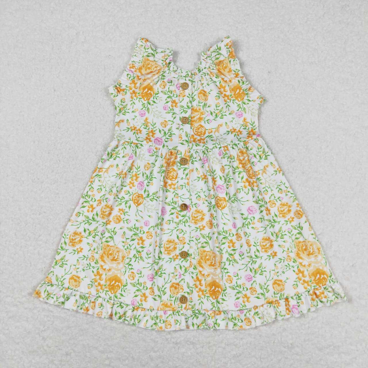 GSD0983  Orange Flowers Print Girls Knee Length Summer Dress