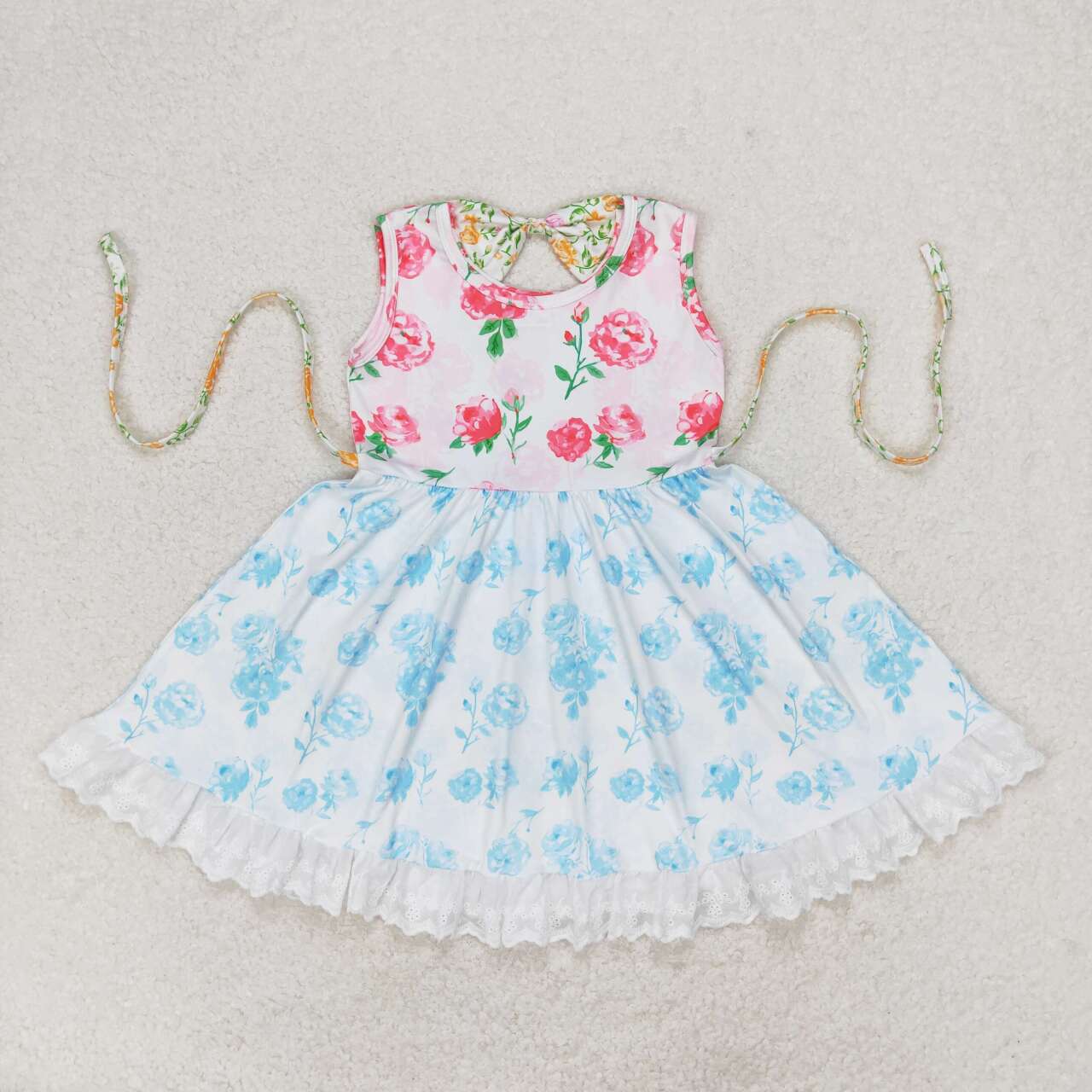 GSD0987  Aqua Flowers Print Girls Knee Length Summer Dress