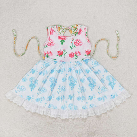 GSD0987  Aqua Flowers Print Girls Knee Length Summer Dress