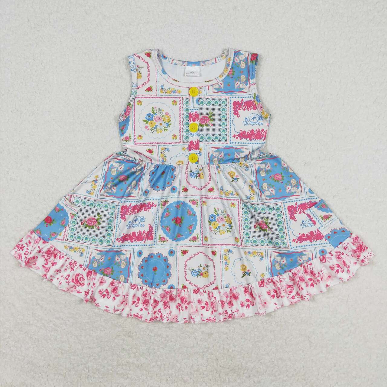 GSD1000  Flowers Print Pockets Girls Knee Length Summer Dress