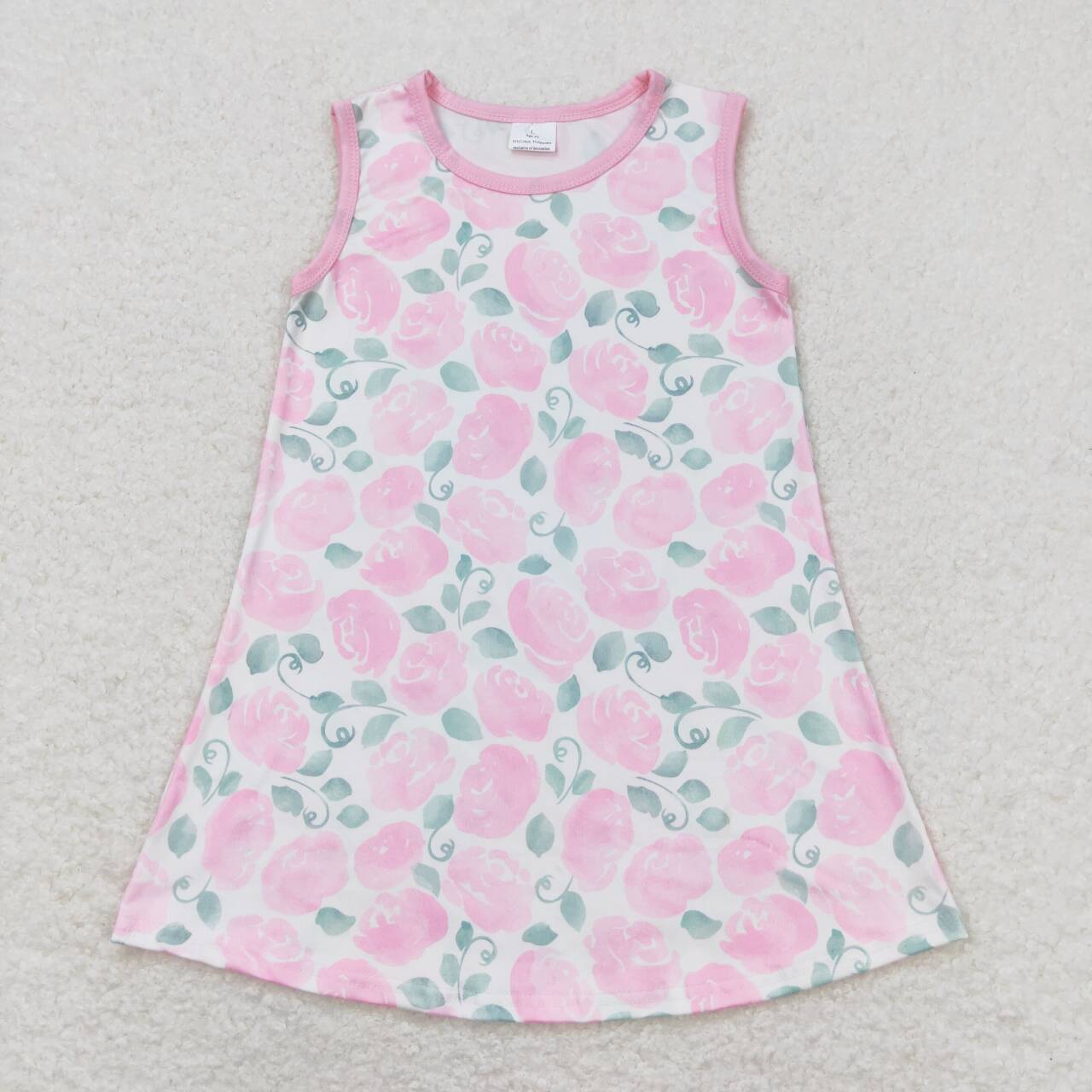 GSD1045  Pink Flowers Print Girls Knee Length Summer Dress