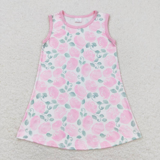 GSD1045  Pink Flowers Print Girls Knee Length Summer Dress