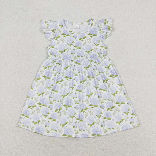 GSD1100  Hydrangea Flowers Print Girls Knee Length Summer Dress