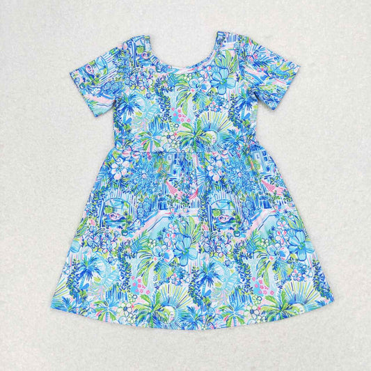 GSD1114  Blue Flowers Print Girls Knee Length Summer Dress