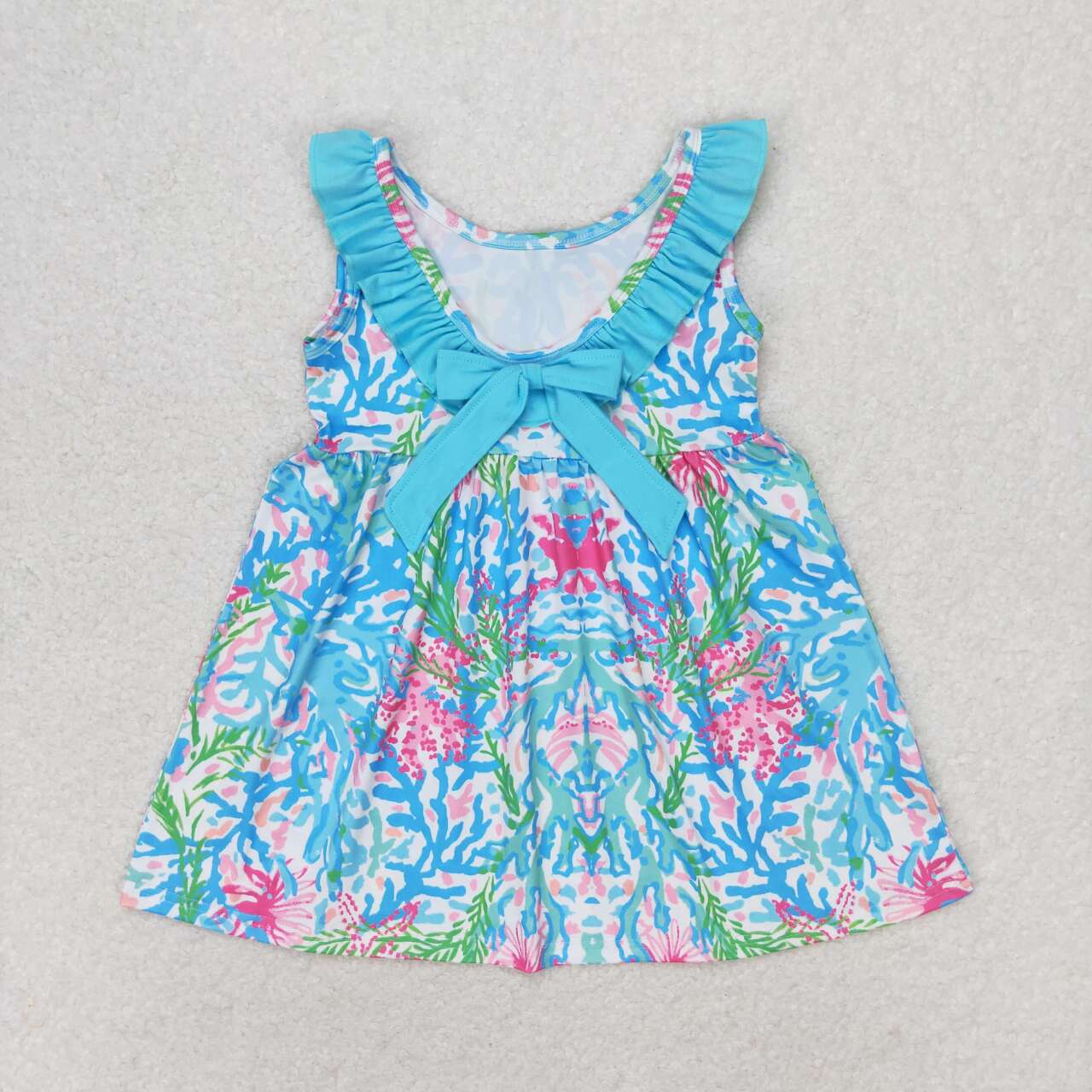 GSD1138  Colorful Seaweed Flowers Print Girls Knee Length Backless Summer Dress