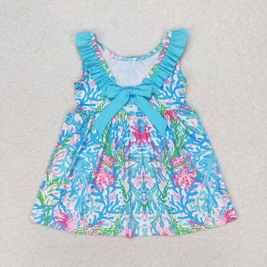 GSD1138  Colorful Seaweed Flowers Print Girls Knee Length Backless Summer Dress