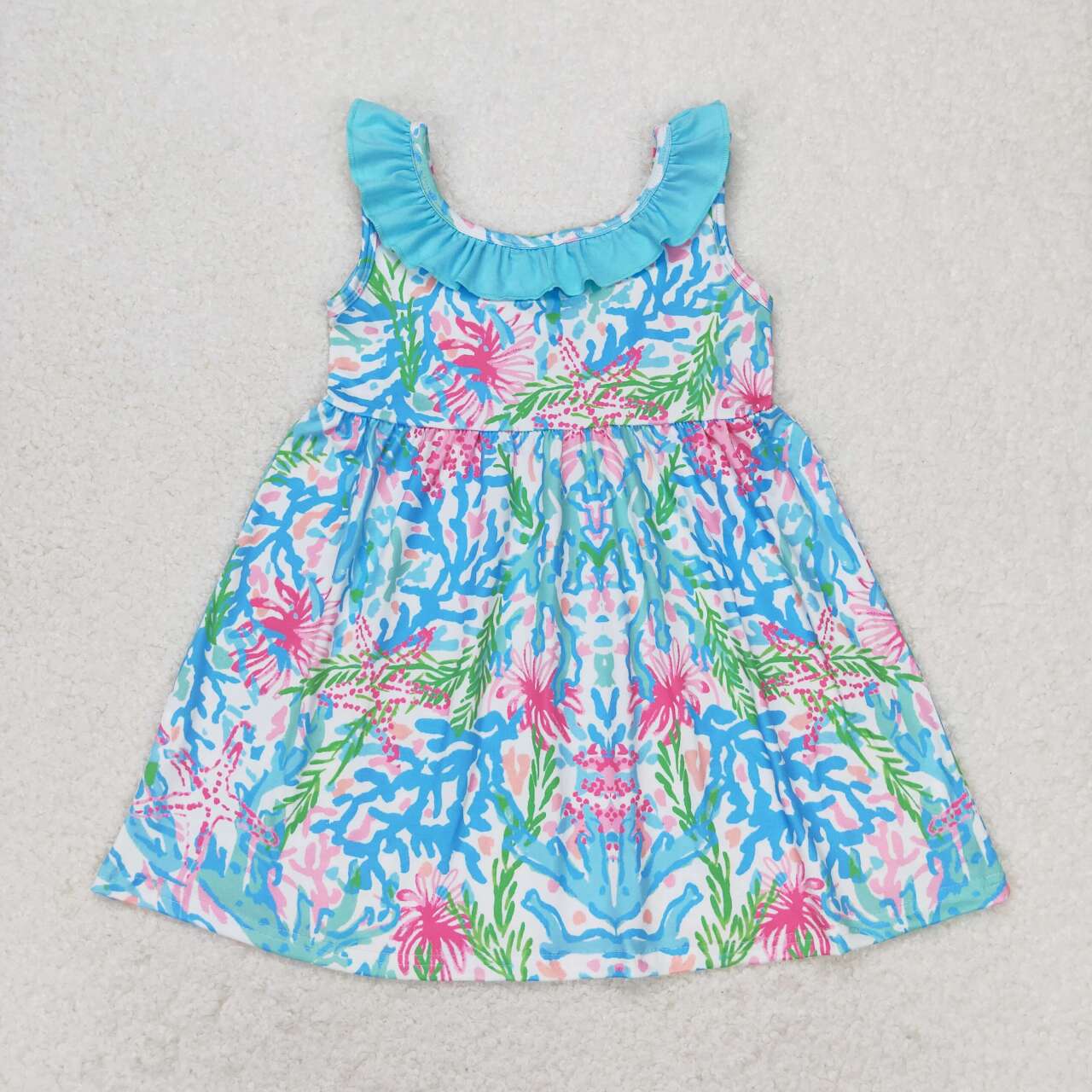 GSD1138  Colorful Seaweed Flowers Print Girls Knee Length Backless Summer Dress