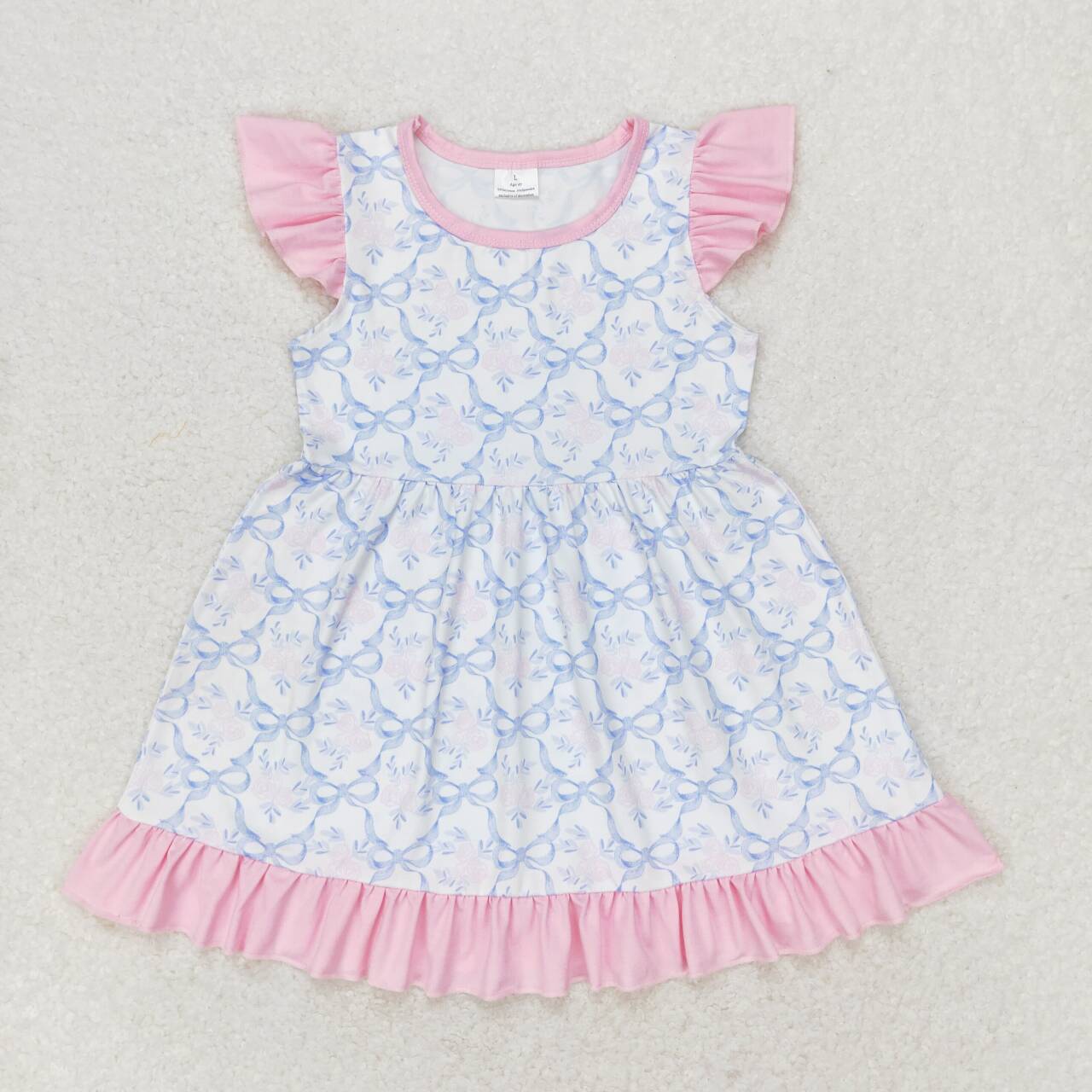 GSD1152  Blue Bows Flowers Print Girls Knee Length Summer Dress