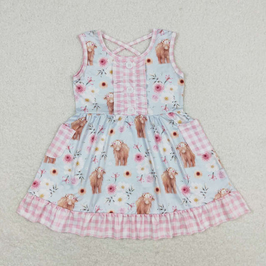 GSD1173  Flowers Highland Cow Print Pockets Girls Knee Length Summer Dress