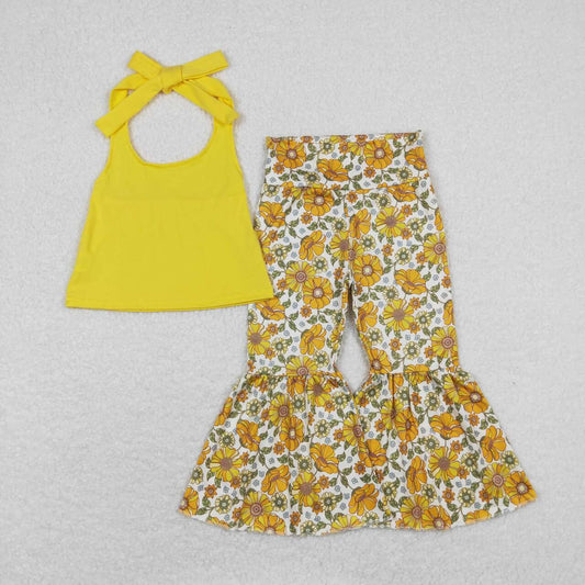 GSPO1430  Yellow Halter Top Mustard Flowers Bell Pants Girls Clothes Set