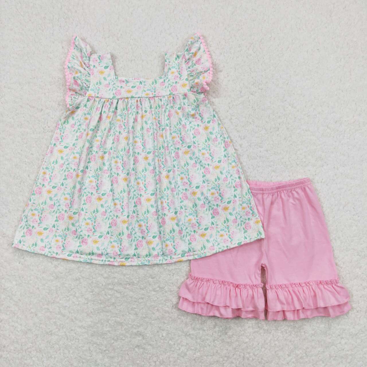 GSSO0487 Pink Flowers Top Ruffles Shorts Girls Summer Clothes Set