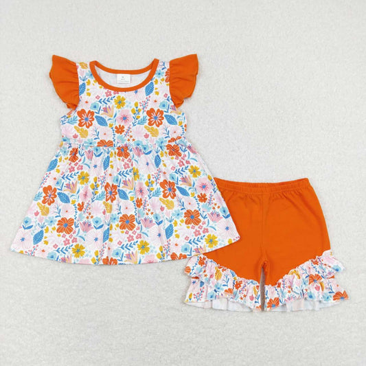 GSSO0510 Flowers Print Orange Shorts Girls Summer Clothes Set