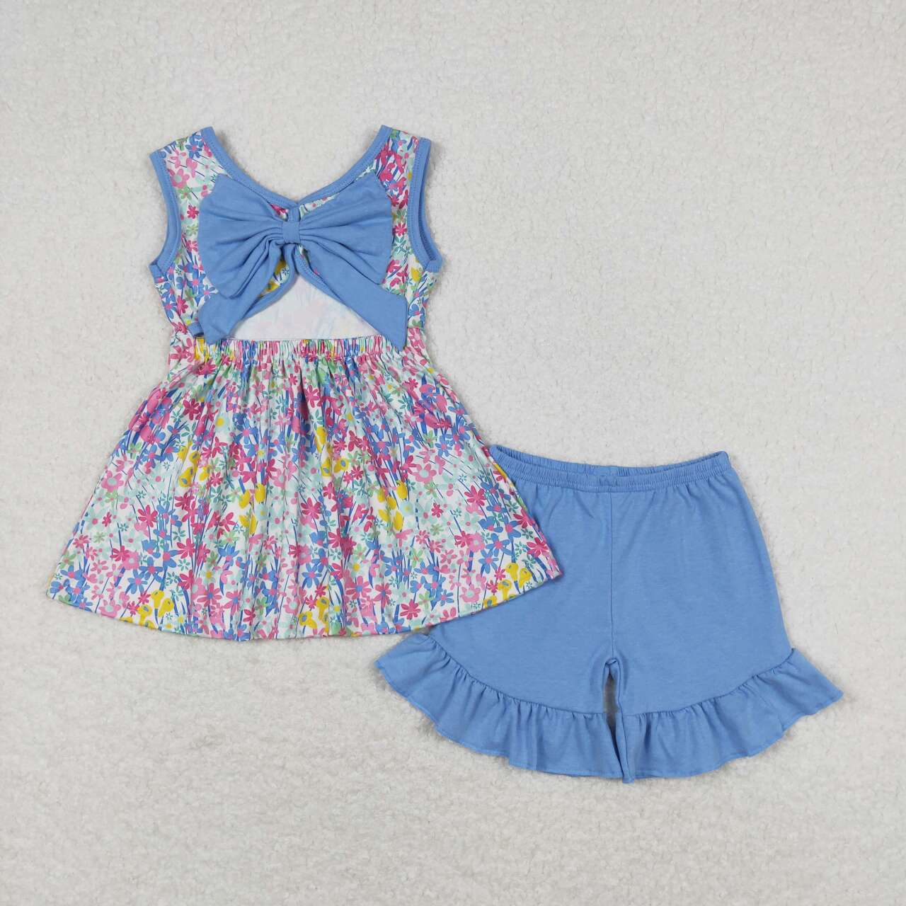 GSSO0547 Flowers Backless Bows Tunic Top Blue Shorts Girls Summer Clothes Set