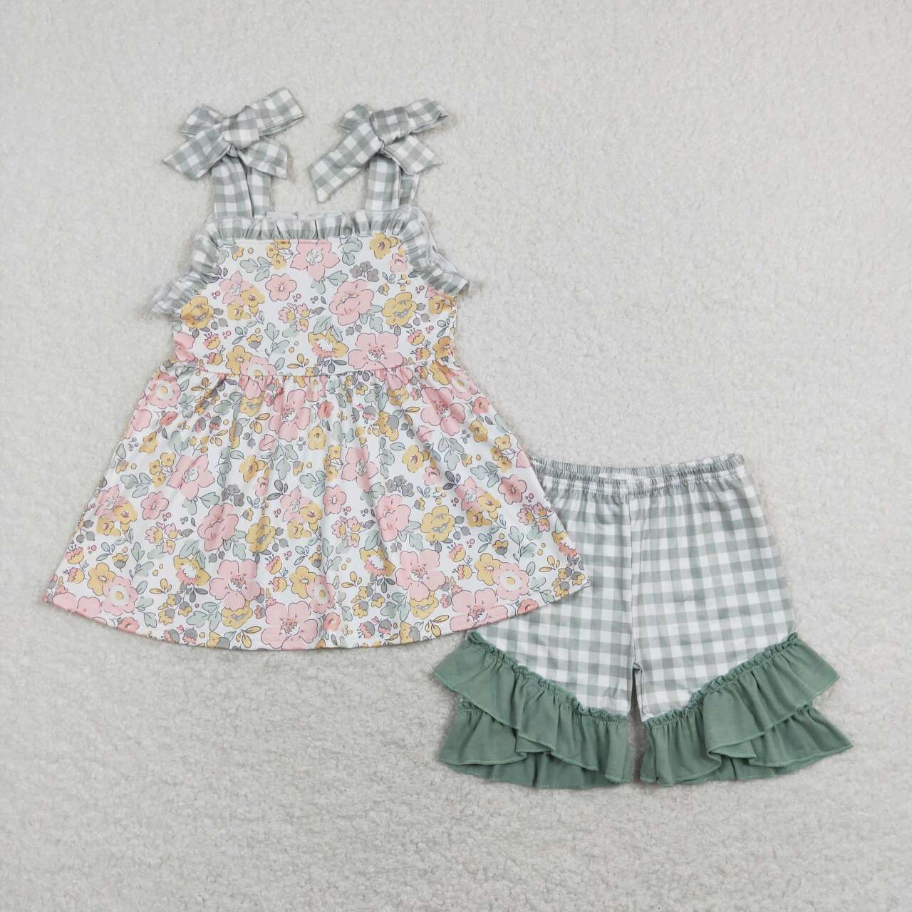 Pink Flowers Plaid Print Sisters Summer Matching Clothes