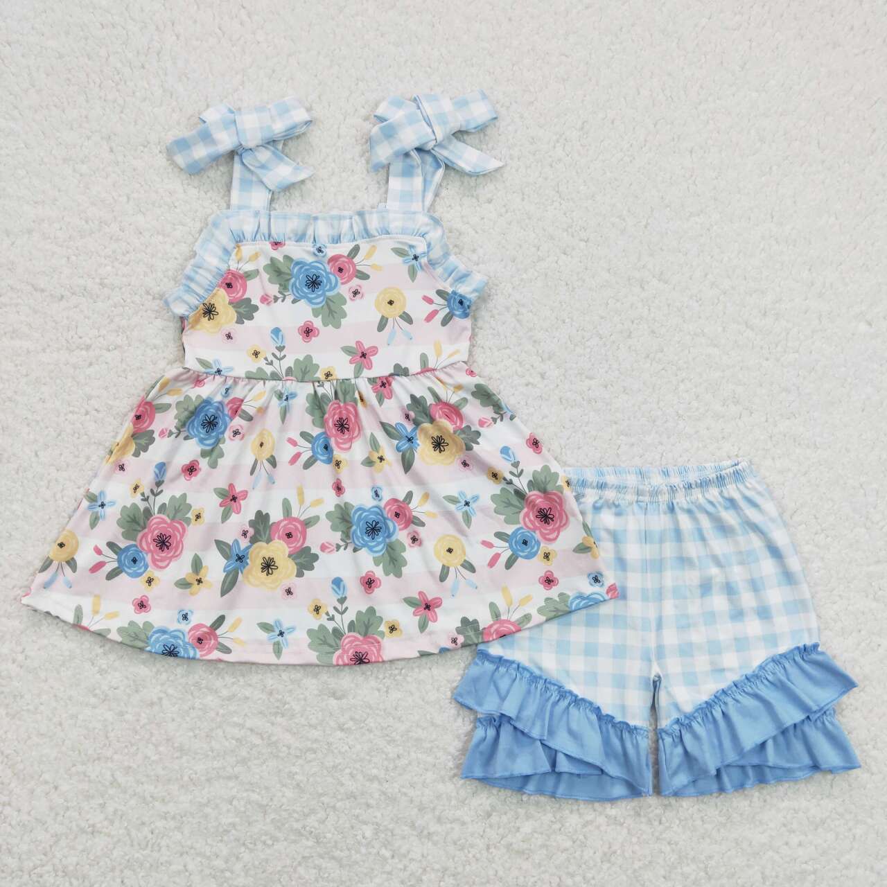 Colorful Flowers Blue Plaid Print Sisters Summer Matching Clothes