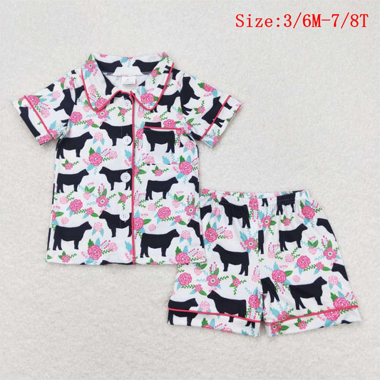 GSSO0590 Flowers Cow Print Girls Summer Pajamas Clothes Set