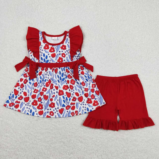 GSSO0609 Red Flowers Tunic Top Ruffle Shorts Girls Summer Clothes Set