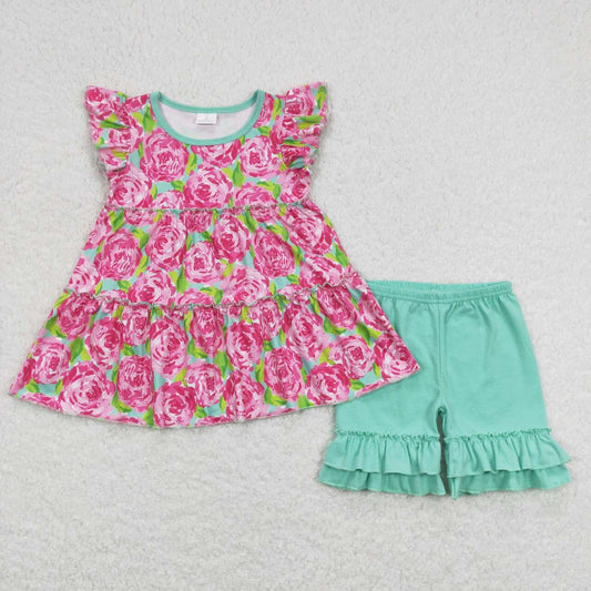 GSSO0615 Pink Flowers Tunic Top Ruffle Shorts Girls Summer Clothes Set