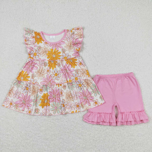 GSSO0616 Pink Flowers Tunic Top Ruffle Shorts Girls Summer Clothes Set