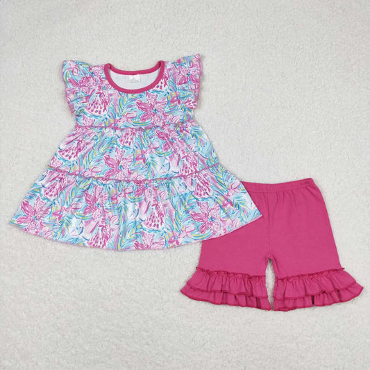 GSSO0618 Flowers Tunic Top Ruffle Shorts Girls Summer Clothes Set