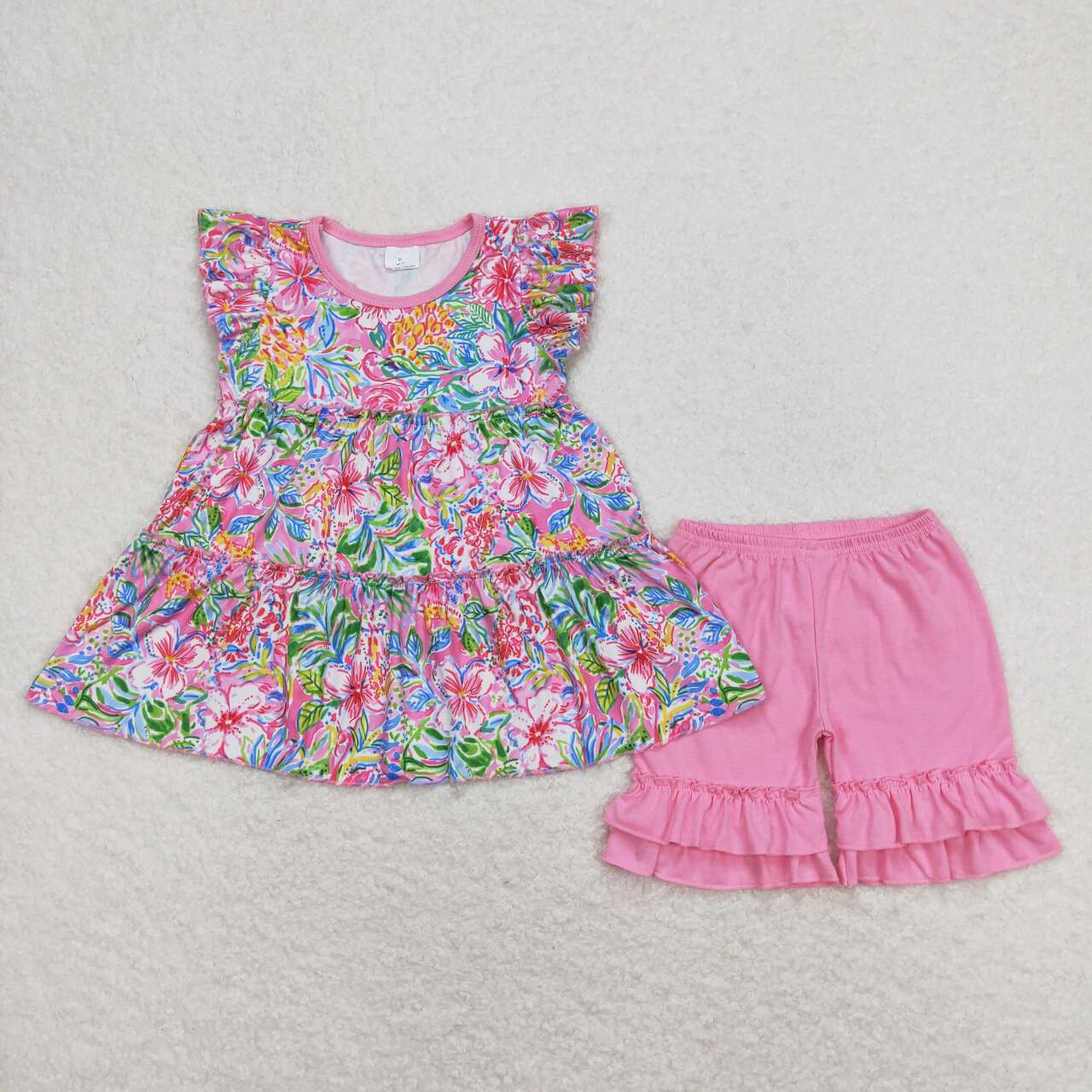 GSSO0619 Pink Flowers Tunic Top Ruffle Shorts Girls Summer Clothes Set