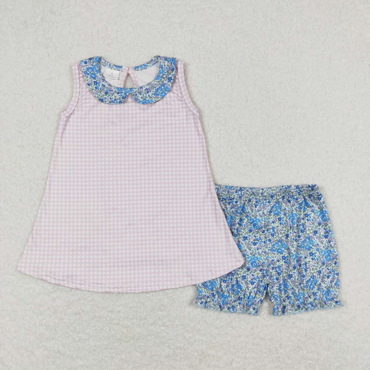 GSSO0670 Pink Plaid Top Flowers Shorts Girls Summer Clothes Set