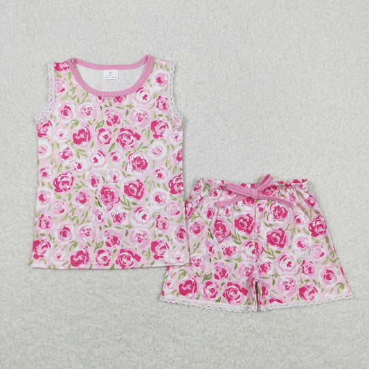 GSSO0673 Pink Flowers Print Girls Summer Clothes Set