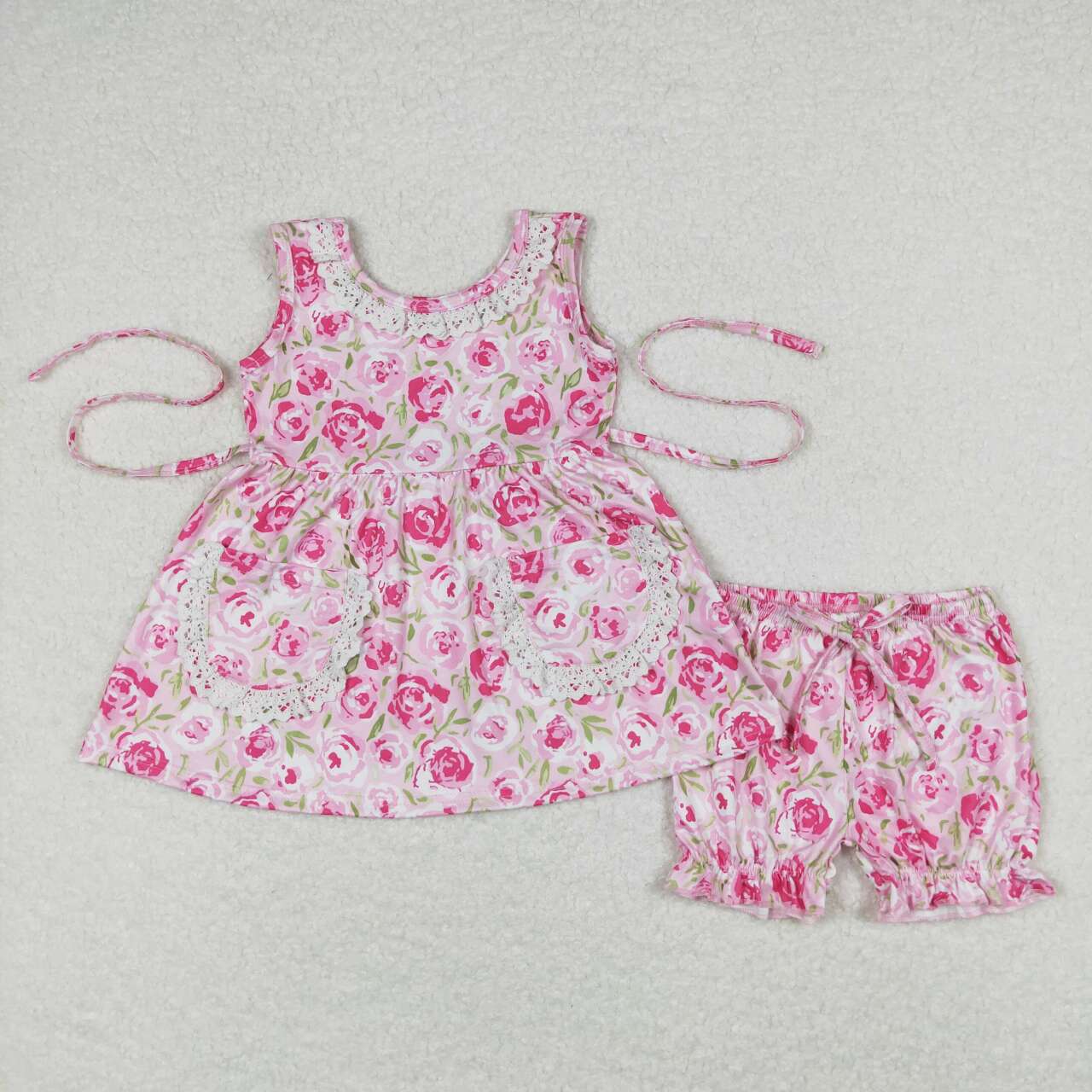 GSSO0685 Flowers Tunic Pockets Top Girls Summer Clothes Set