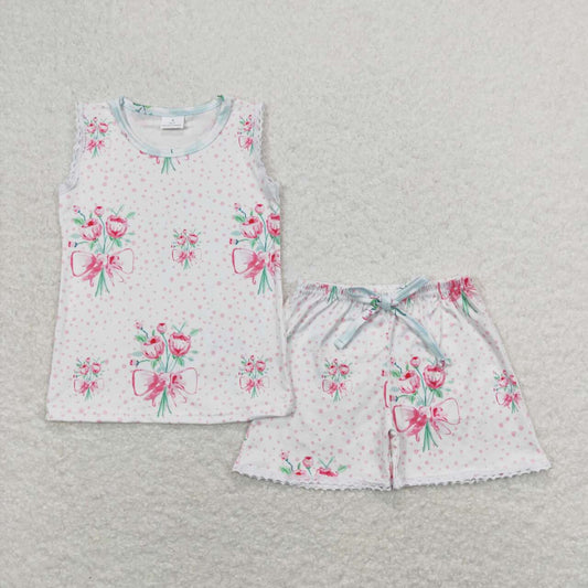 GSSO0693 Flowers Bows Print Girls Summer Clothes Set