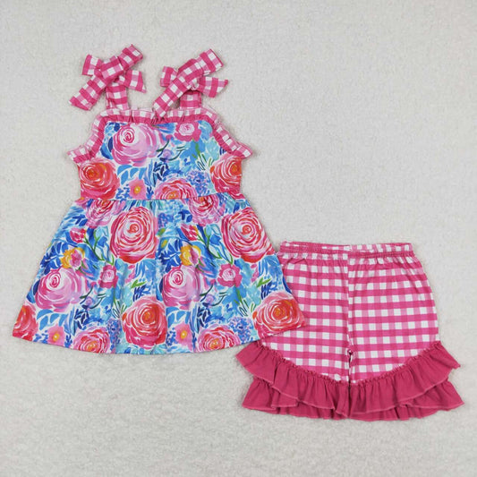 GSSO0700  Flowers Strap Tunic Top Plaid Shorts Girls Summer Clothes Set