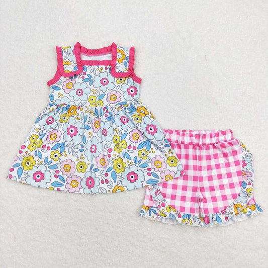 GSSO0711  Flowers Tunic Top Plaid Shorts Girls Summer Clothes Set