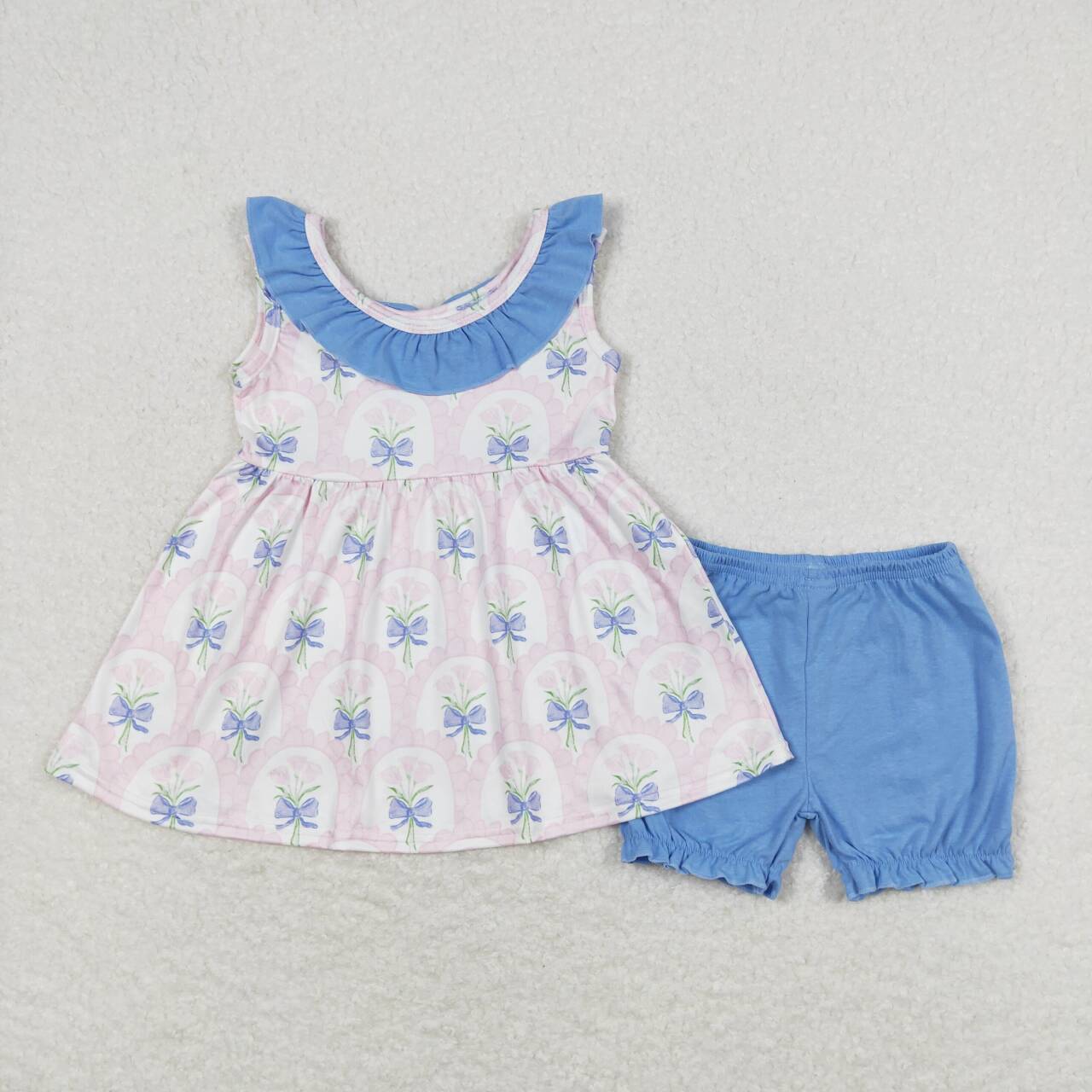 GSSO0723  Pink Flowers Bows Tunic Top Blue Shorts Girls Summer Clothes Set