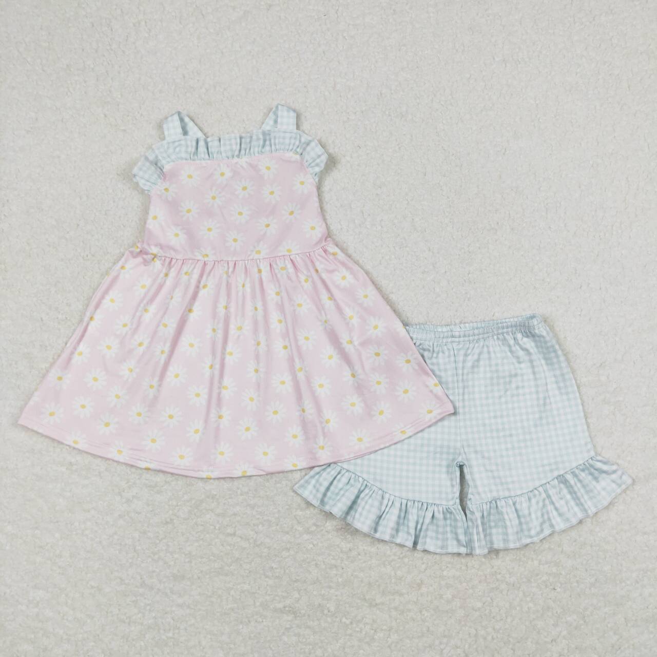 GSSO0724  Daisy Flowers Print Girls Summer Clothes Set
