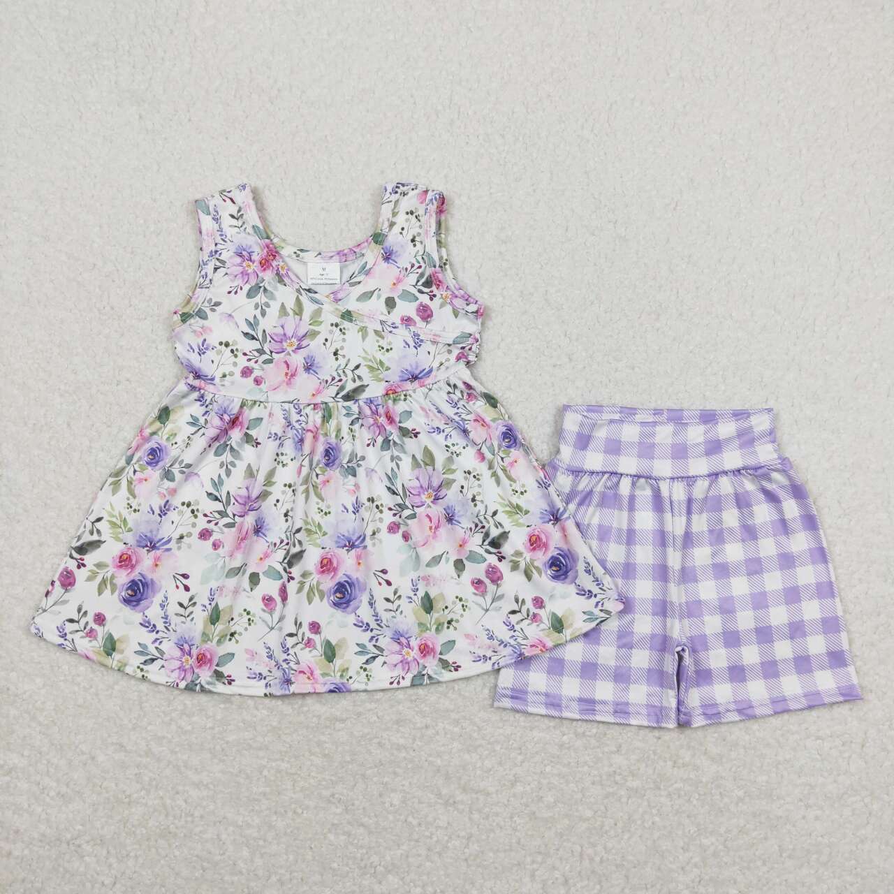 GSSO0742 Purple Flowers Tunic Top Plaid Shorts Girls Summer Clothes Set