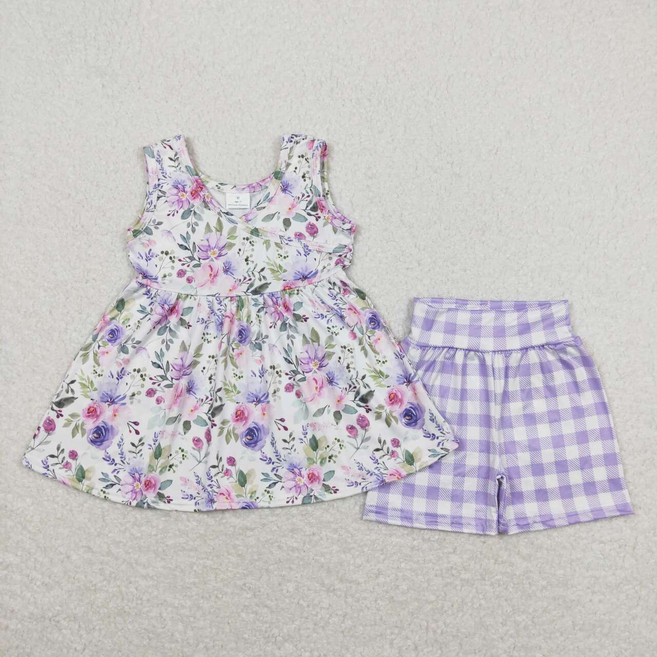 Flowers Top Plaid Shorts Girls Summer Clothes Set Sisters Wear