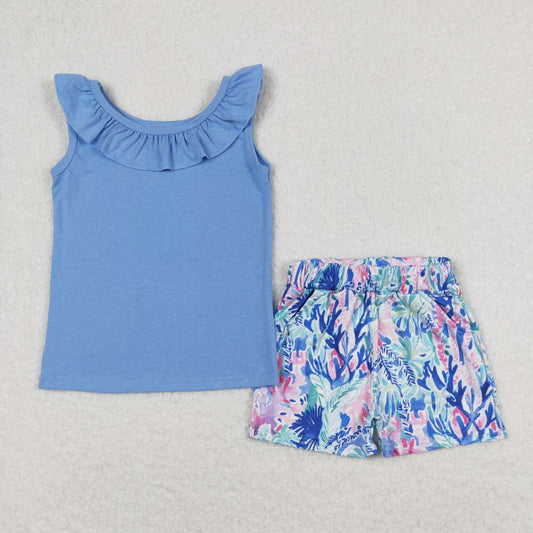 GSSO0812  Blue Top Flowers Shorts Girls Summer Clothes Set