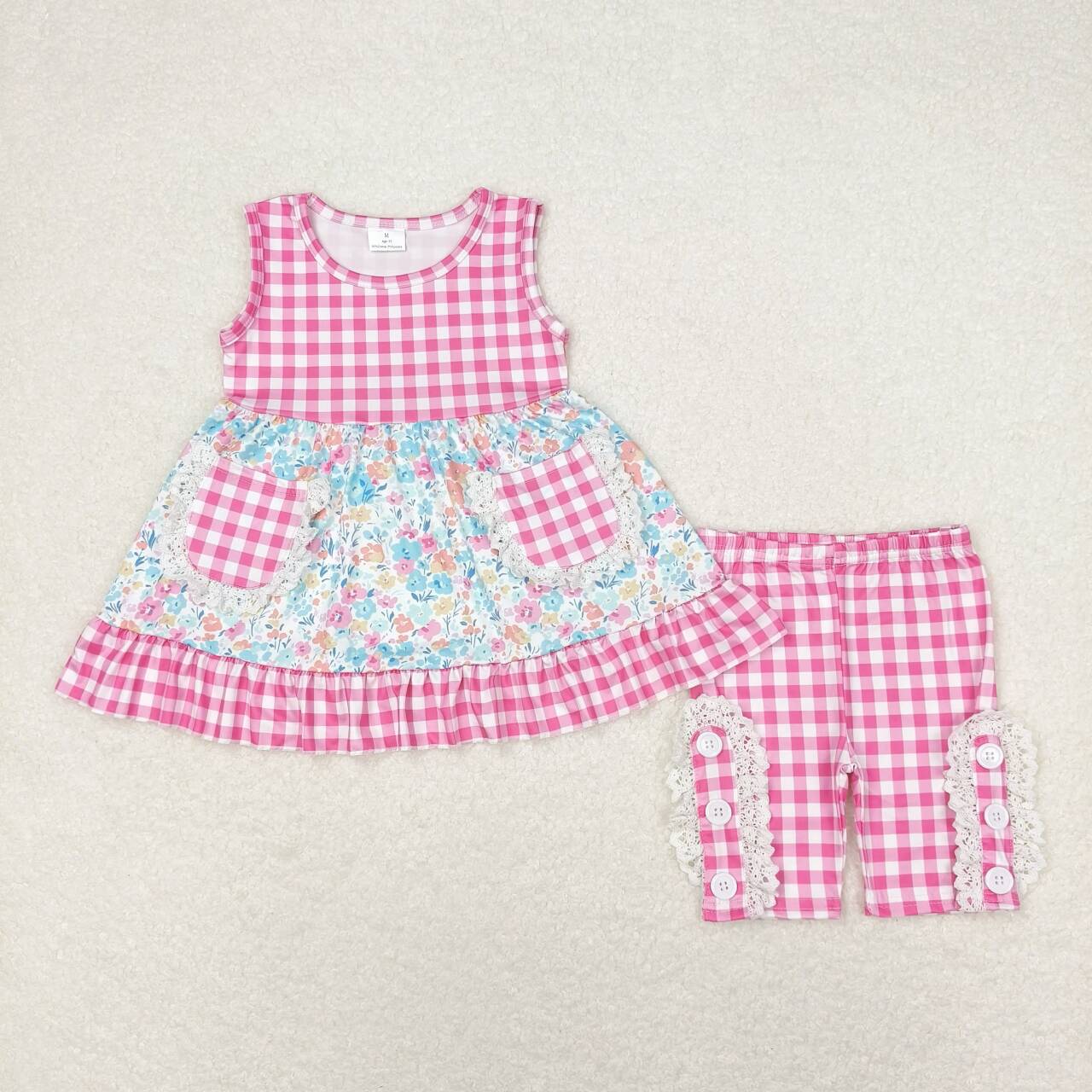 GSSO0813  Pink Flowers Pockets Tunic Top Plaid Shorts Girls Summer Clothes Set