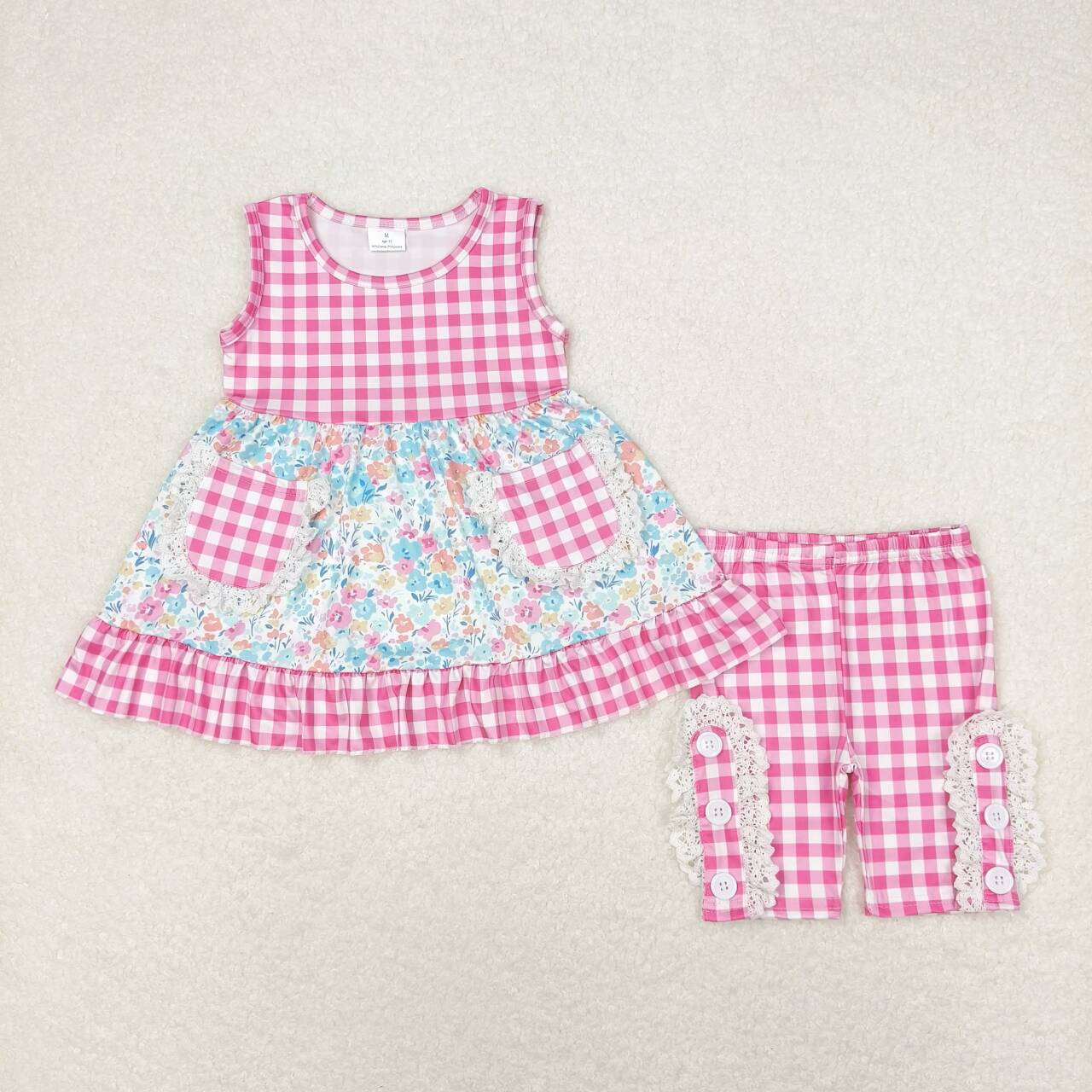 Pink Flowers Plaid Print Sisters Summer Matching Clothes