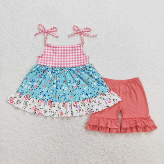 GSSO0837 Flowers Strap Tunic Top Ruffles Shorts Girls Summer Clothes Set