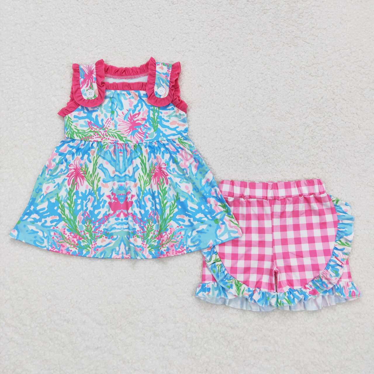 GSSO0845  Flowers Tunic Top Pink Plaid Shorts Girls Summer Clothes Set