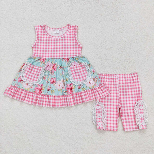 GSSO0851  Flowers Pockets Tunic Top Pink Plaid Shorts Girls Summer Clothes Set