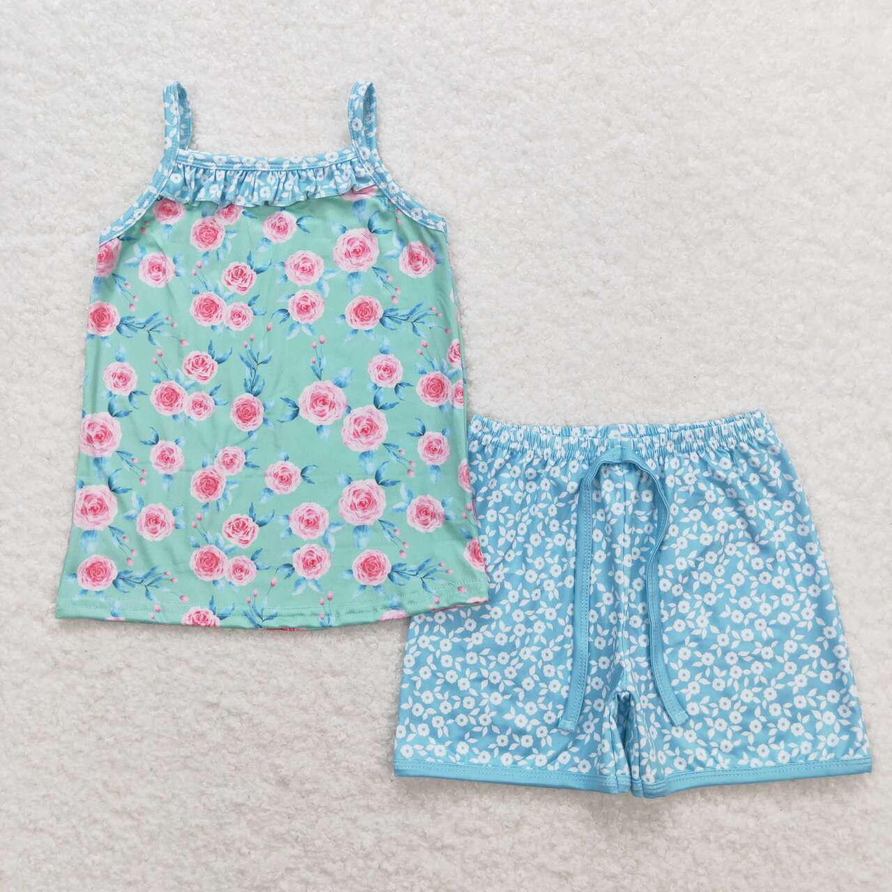 GSSO0863  Green Flowers Top Blue Flowers Shorts Girls Summer Clothes Set