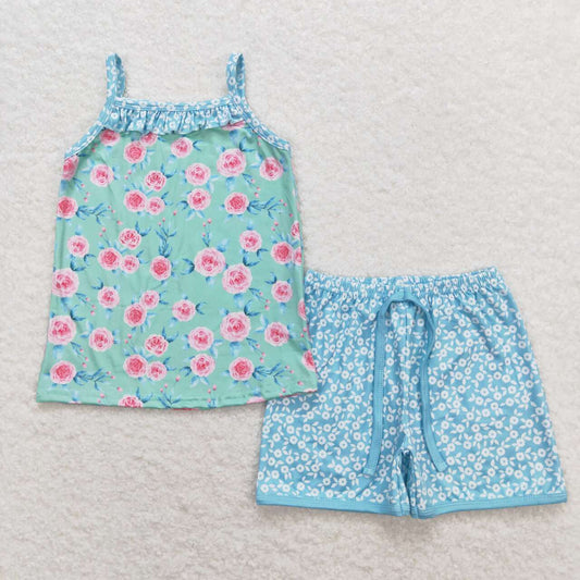 GSSO0863  Green Flowers Top Blue Flowers Shorts Girls Summer Clothes Set