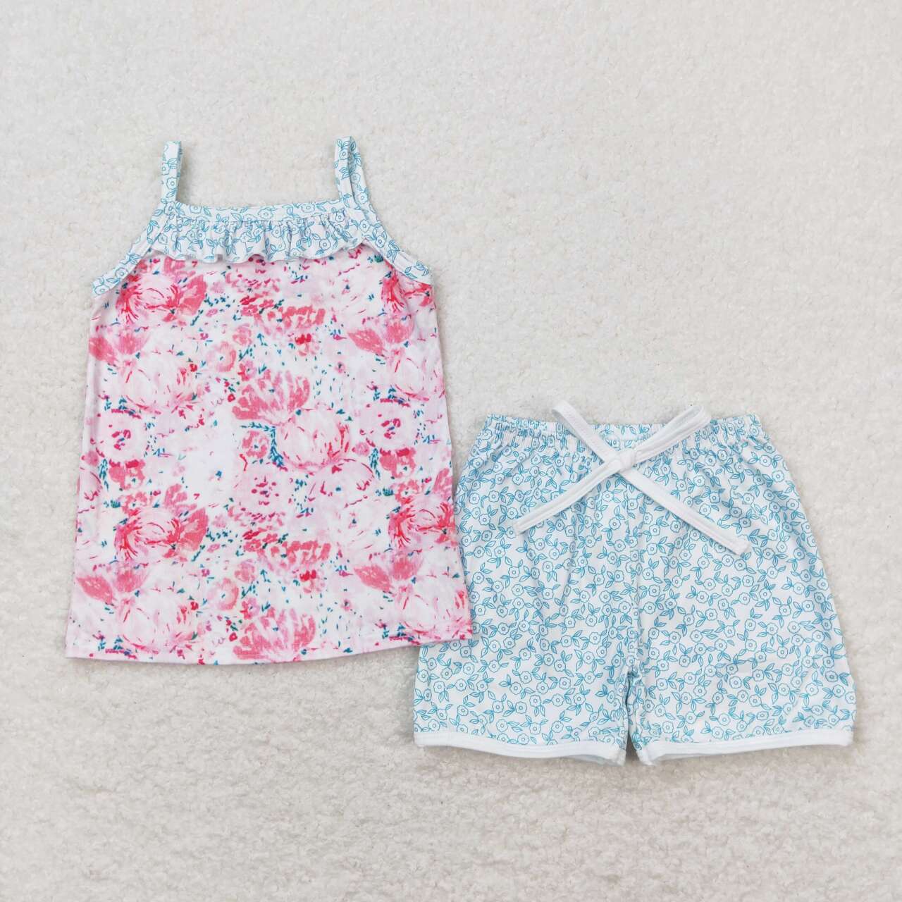 GSSO0869  Pink Flowers Print Top Blue Flowers Shorts Girls Summer Clothes Set