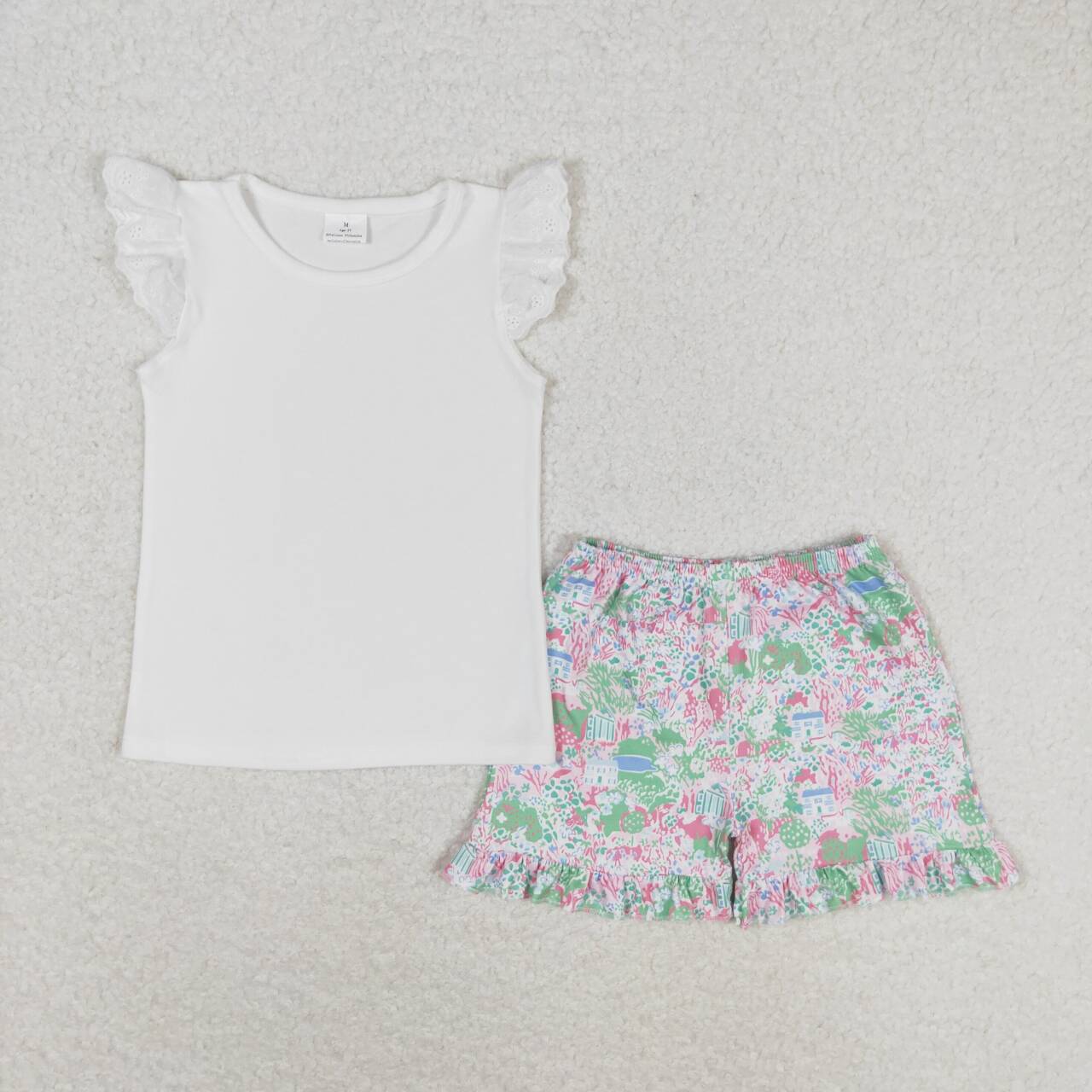 GSSO0888  White Top Green Flowers Shorts Girls Summer Clothes Set