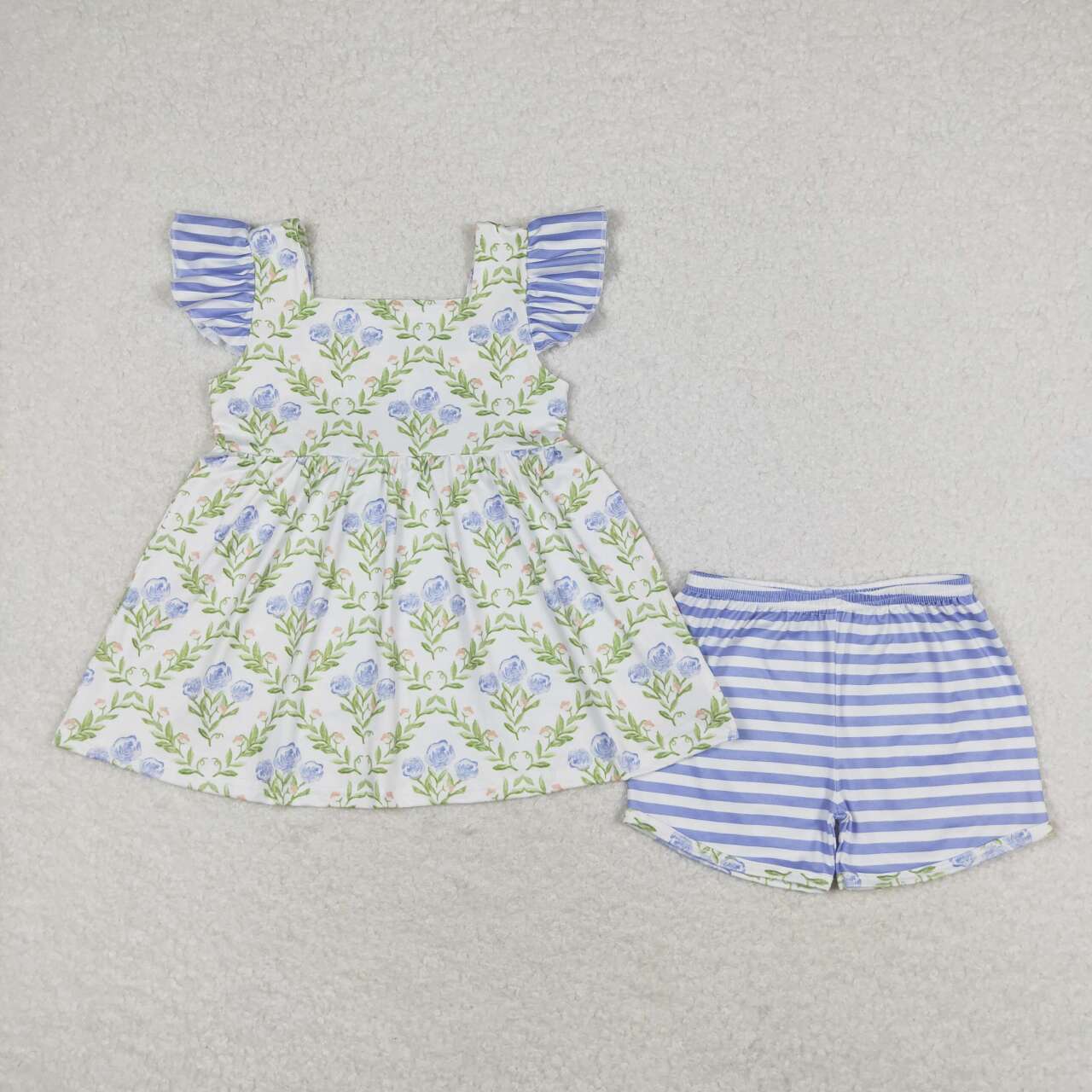 GSSO0938  Blue Flowers Print Top Stripes Shorts Girls Summer Clothes Set